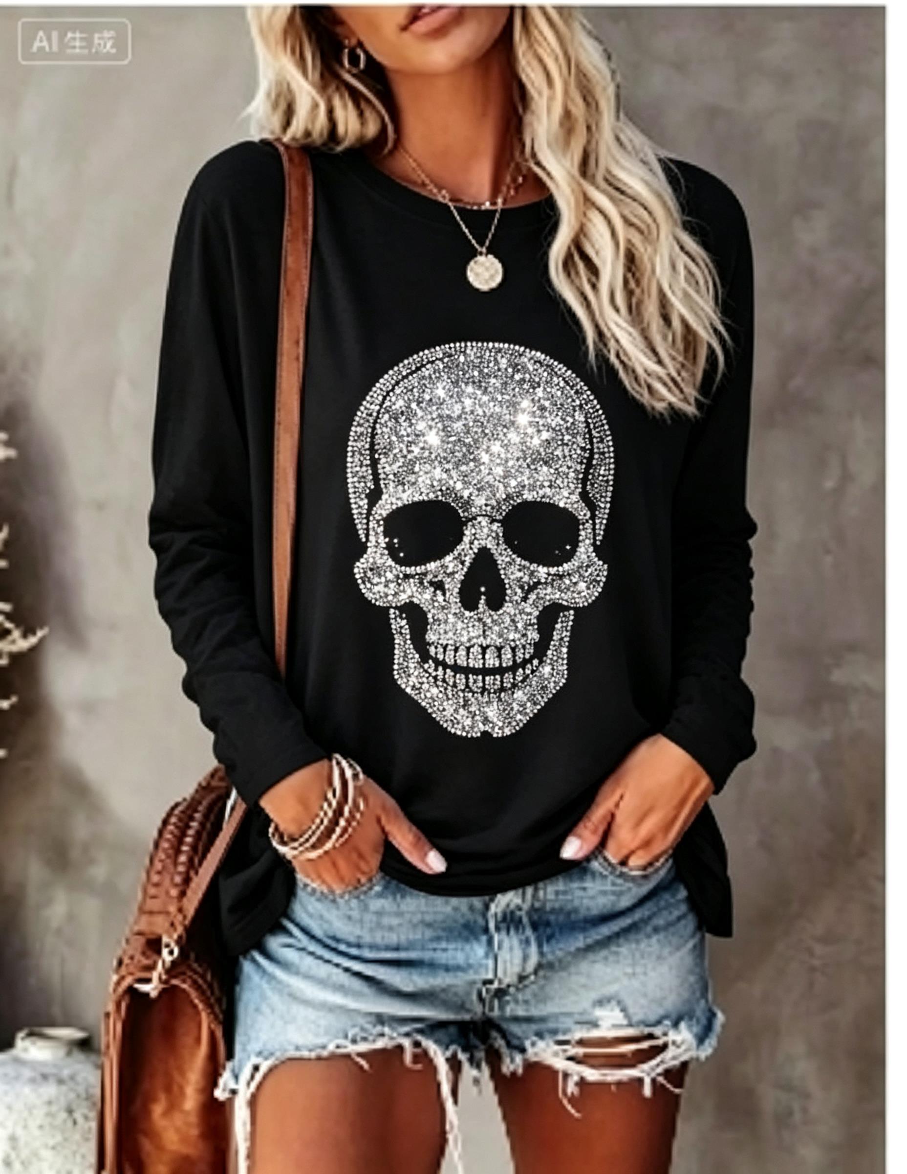 Winter Clothing For Women - Damen Langarm-T-Shirt mit simuliertem Strass-Totenkopf und