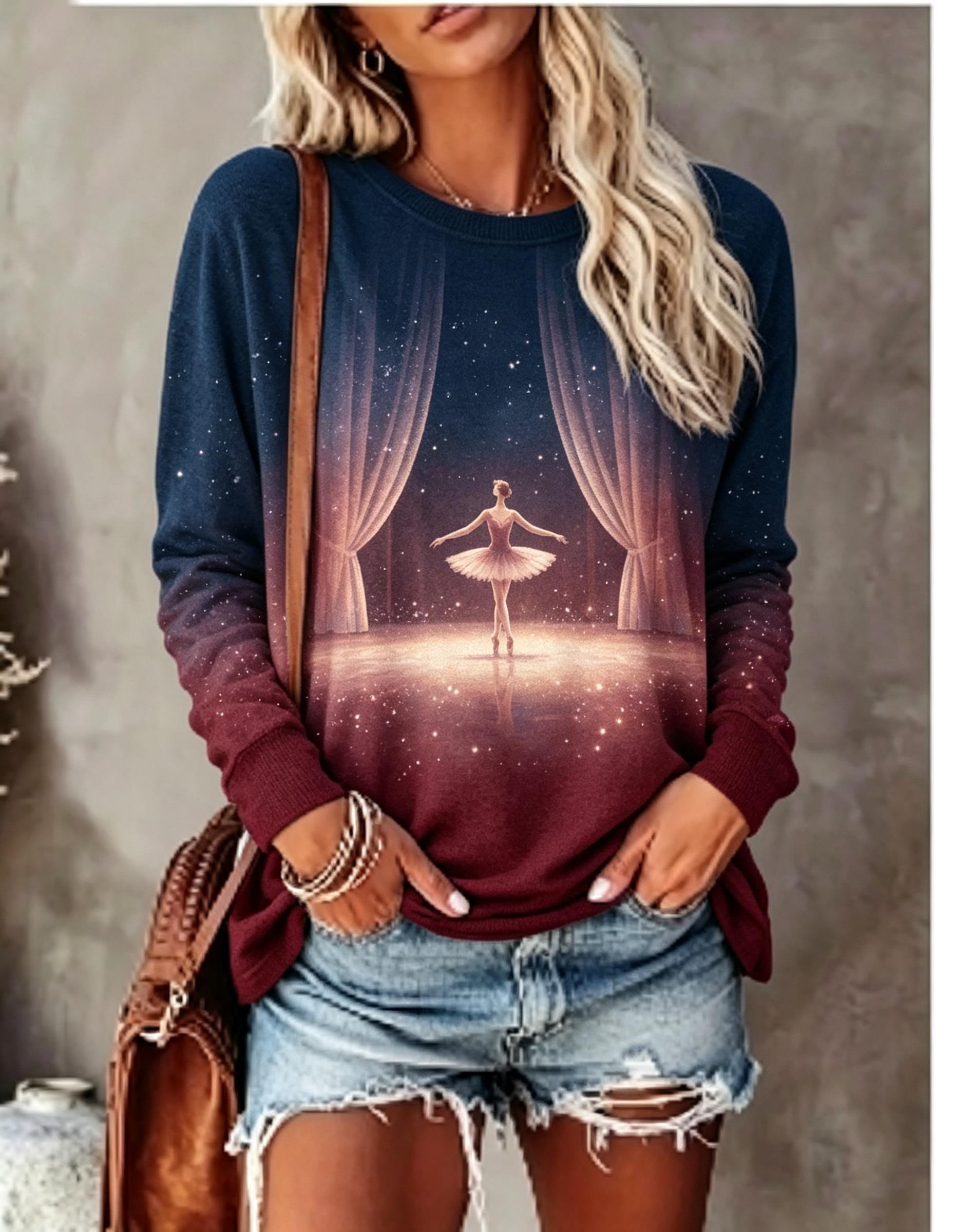 Winter Clothing For Women - Damen Langarm-T-Shirt mit Ballett-Tänzerin, Bühnenvorhang, Sternen-Glow-Gradient-Druck